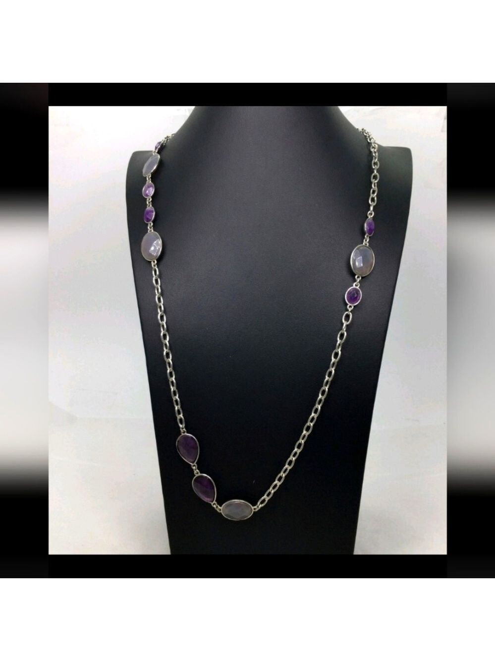 Talbots Gray & Purple Bezel Necklace 34"